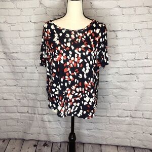 Loft Oversized Black Maroon and Off White Print Short Sleeve Top Medium